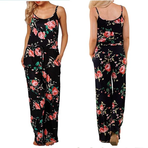 NWOT Black Floral Printed Casual Pocket Jumpsuit - Picture 1 of 7